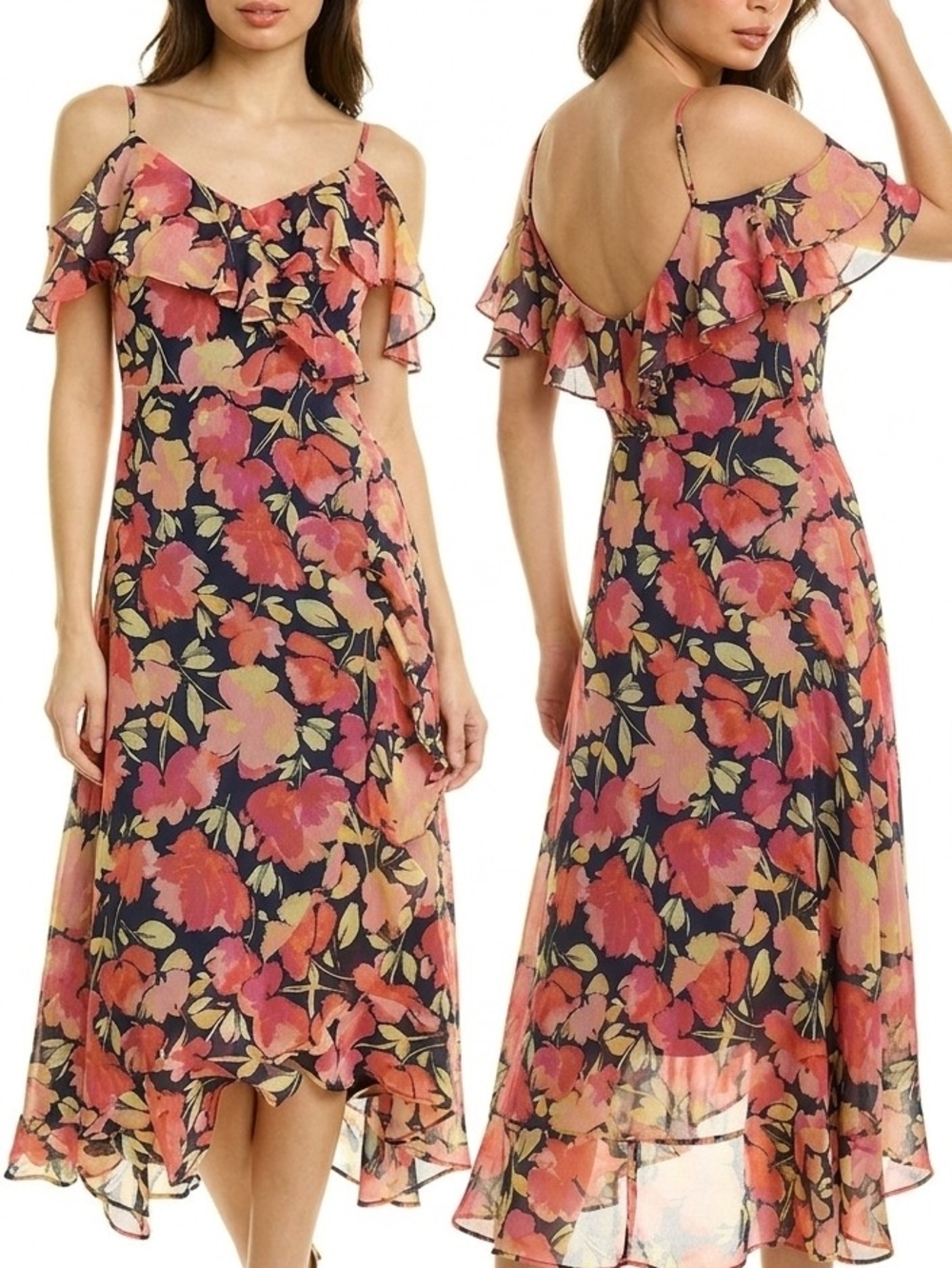 NWT London Times Summer Blue Pink Floral Ruffle High Low Faux Wrap Maxi Dress 12